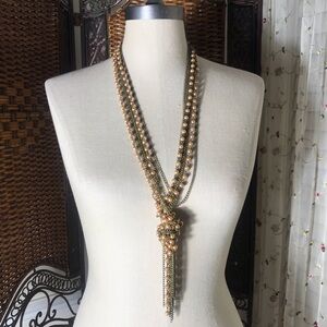 Gold Faux Pearl Multi-Strand Tassel Statement Necklace